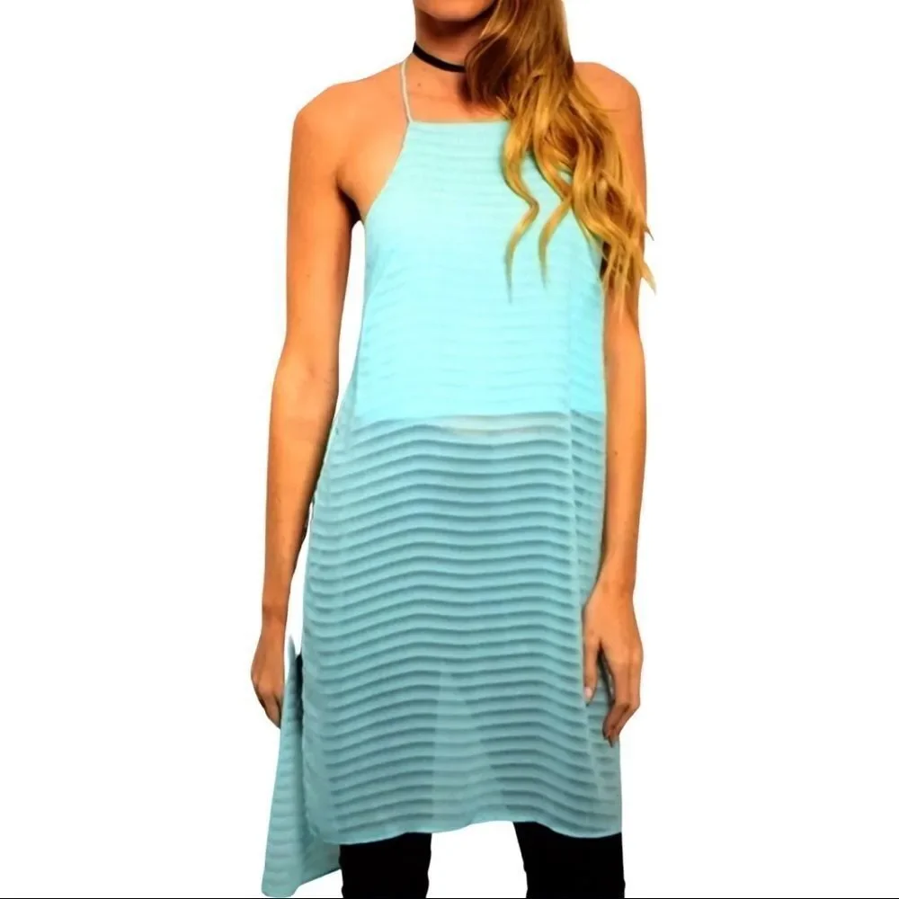 Light Blue Sleeveless Razor Back Side Split Long Textured Tunic Tank Top NEW